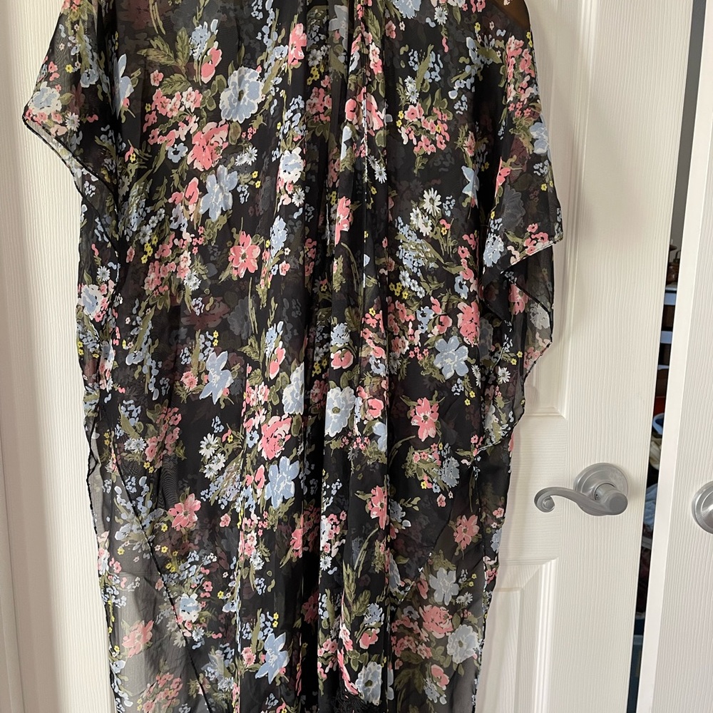 Woman's  Black Floral Kimono with Fringe Cape Shawl